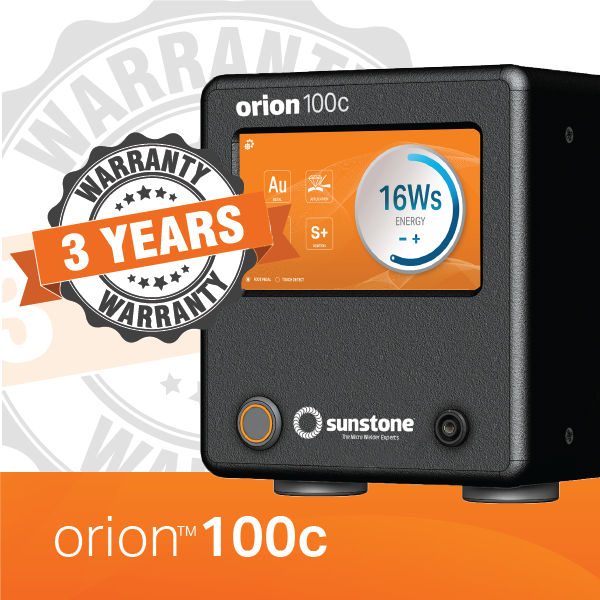 Orion 100c pulse arc welder infographic with a 3 year warranty badge on it.